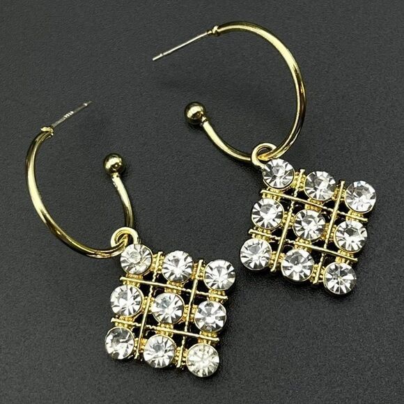 Yellow Gold with White Diamond Crystal Rhombus Dangling Hoop Post Back Earrings - Picture 1 of 9